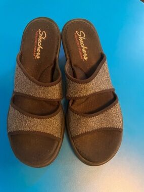 Skechers Women's Gray Dual-Strap Memory Foam Slide Sandals